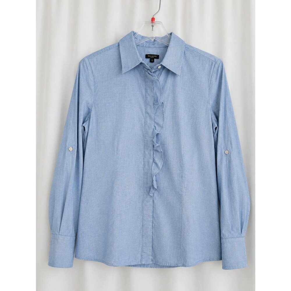 Talbots Classic Soft Blue Chambray Ruffle Front Roll Tab Sleeve Preppy Blouse